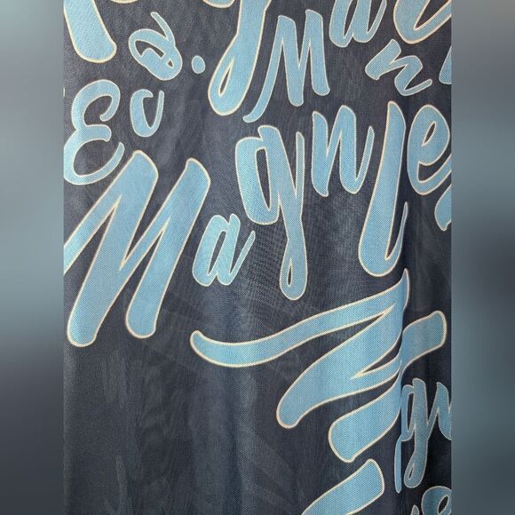 Magnlens navy blue sheer mesh cursive print mock neck top size L  Nwot ECHO - Picture 4 of 6